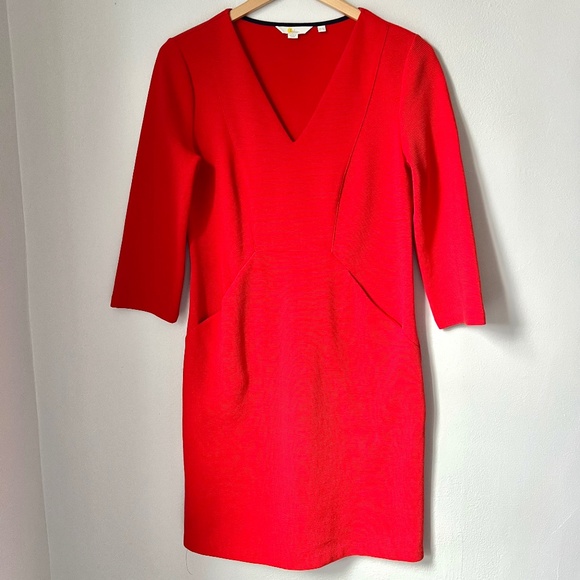 Boden Bronte Ottoman Red V Neck Ribbed Stretch 3/4 Sleeve Pencil Dress Size 6R - Picture 2 of 10